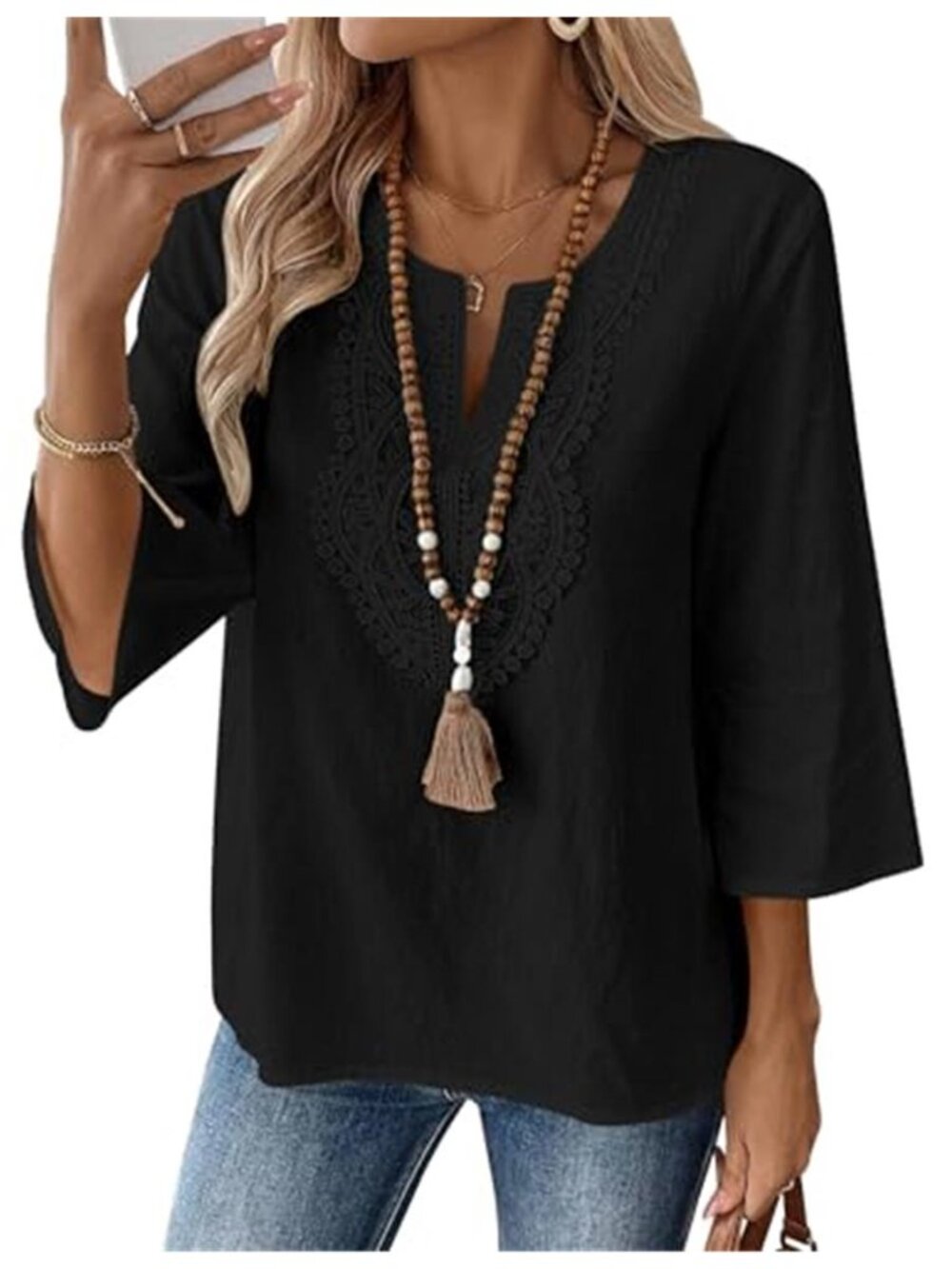 Womens Cotton Linen Tunic Top V Neck 34 Sleeve Loose Casual Summer Blouse